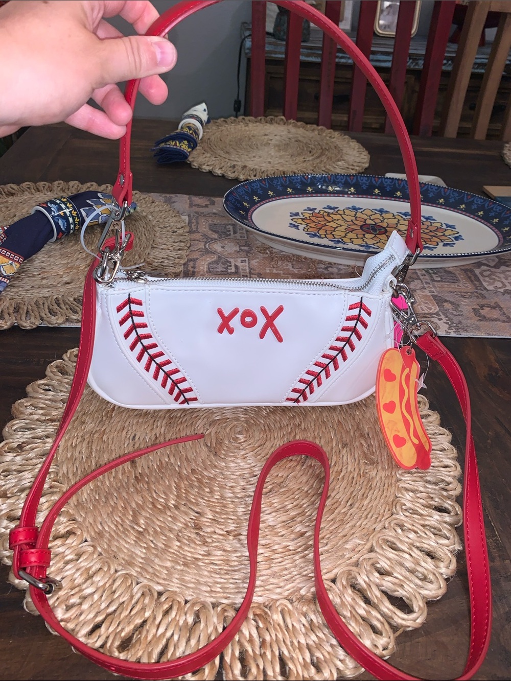 Betsey Johnson Baseball White & Red Stitch XOX Mini Shoulder Bag w hot dog charm